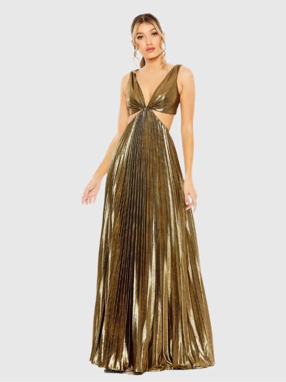 Mac Duggal Metallic Gold Backless Pleated Evening Gown